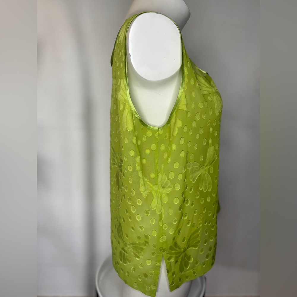 Vintage Morgan Taylor Lime Green Sheer Polka Dot Floral Top Womens SZ L - Picture 2 of 4